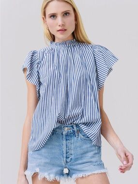 BNWT Trovata Bird of Paradis Carla Blue Stripe High Collar Blouse $228